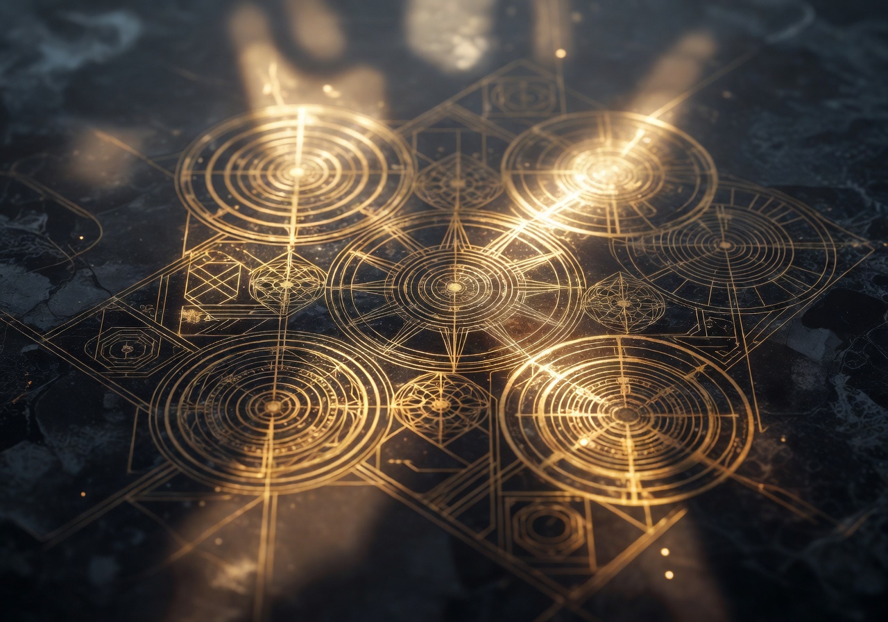 Abstract golden glowing geometric patterns resembling ancient technology