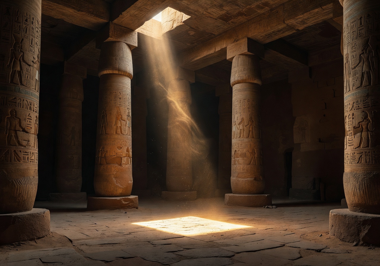 Ancient Egyptian temple interior illuminated by a beam of light