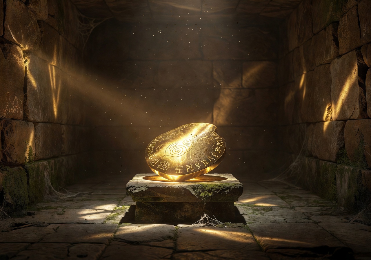 Mysterious ancient golden artifact glowing in a dark room